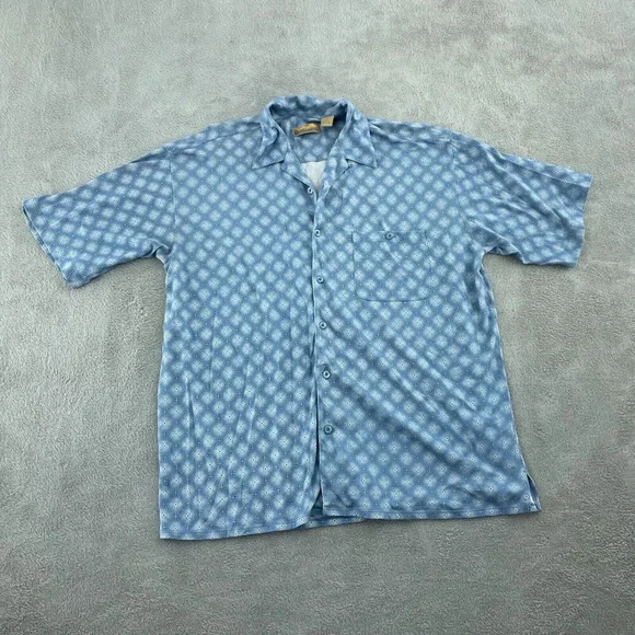 Bobby Chan XL Blue Silk & Cotton Mens Short Sleeve Button-Up Shirt 2738 - Picture 1 of 8
